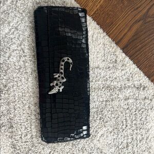 Black Crocodile Embossed Clutch with Silver Lizard Accent